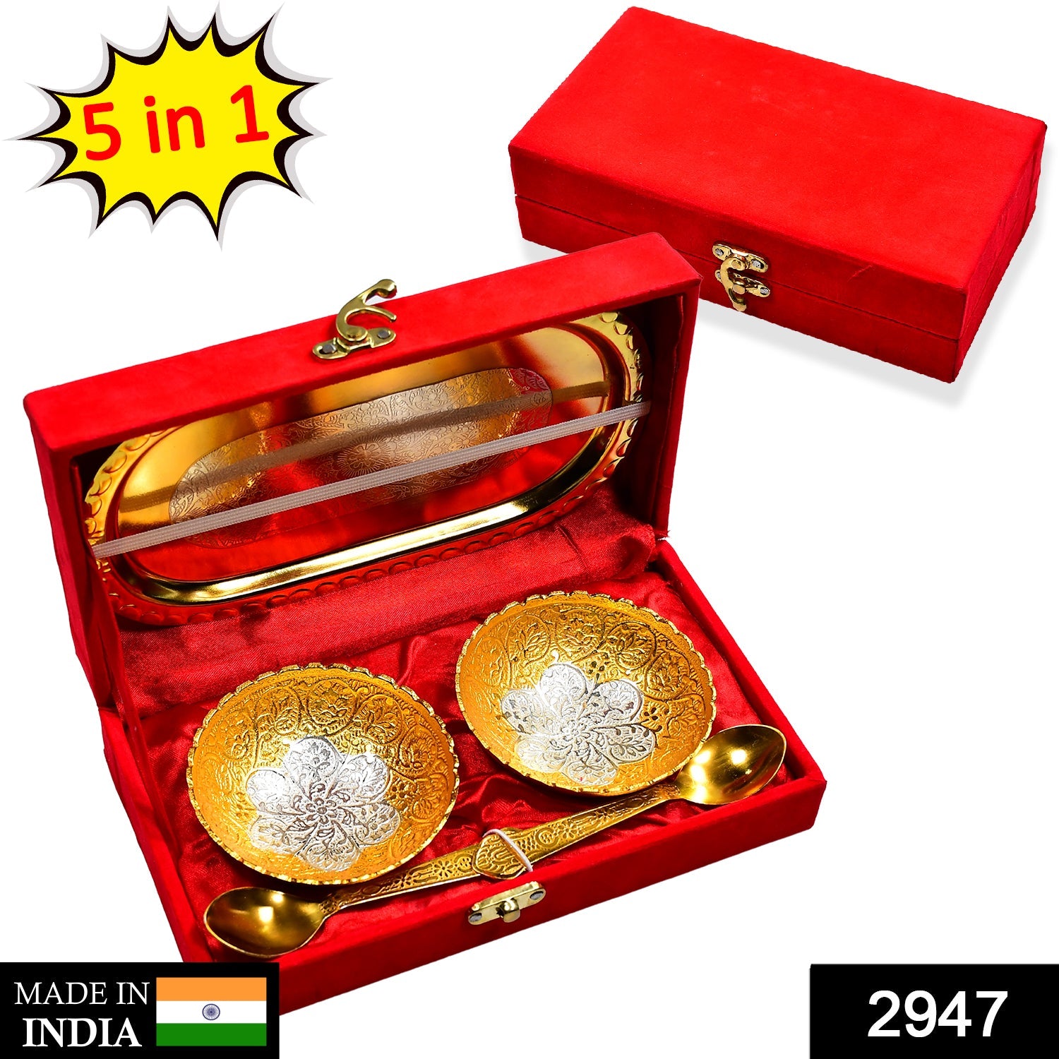 2947 Gold Silver Plated 2 Bowl 2 Spoon Tray Set Brass with Red Velvet Gift Box Serving Dry Fruits Desserts Gift DeoDap 2947 Gold Silver Plated 2 Bowl 2 Spoon Tray Set Brass with Red Velvet Gift Box Serving Dry Fruits Desserts Gift DeoDap